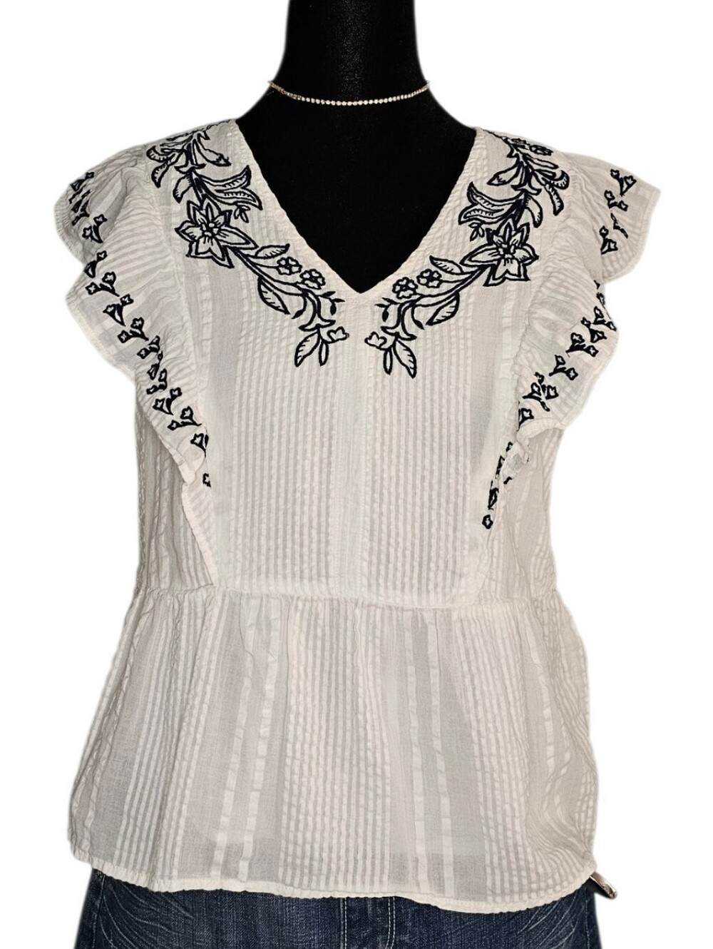 LOFT White Blouse with Navy Embroidery